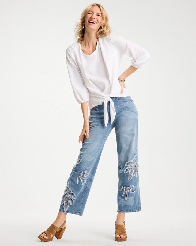 Tropical Embroidery Pull-On Wide Crop Jean - image 2